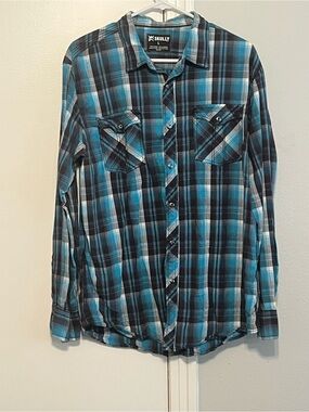 Skully Shirt Mens Large Blue Plaid Western Cowboy Pearl Snap Long Sleeve